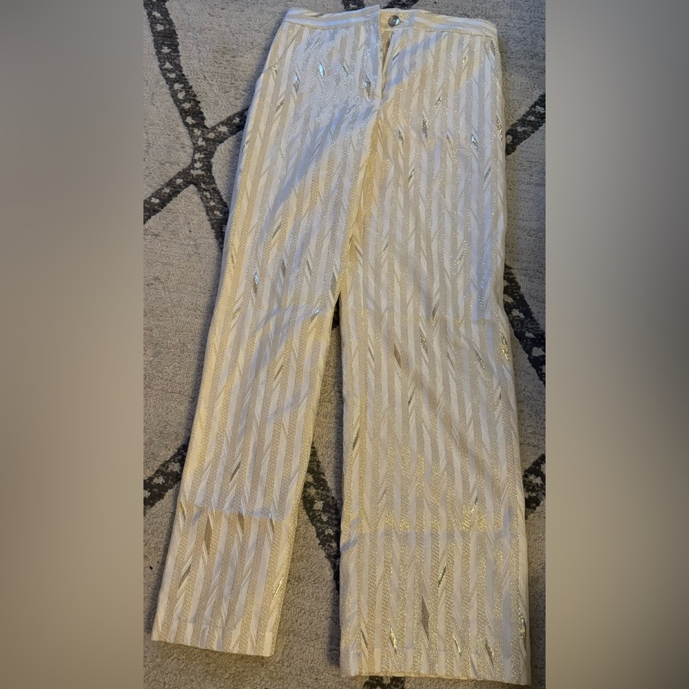 Porridge Clothing Kelyn Striped Gold Shine Trousers Ivory Anthropologie SIZE 6
